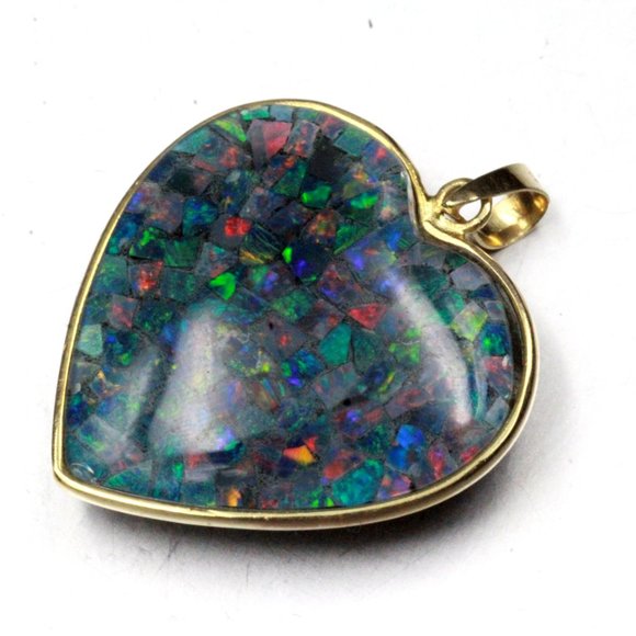 Massive 14k Gold Opal Triplet Onyx Heart Valentine Necklace - Picture 7 of 15